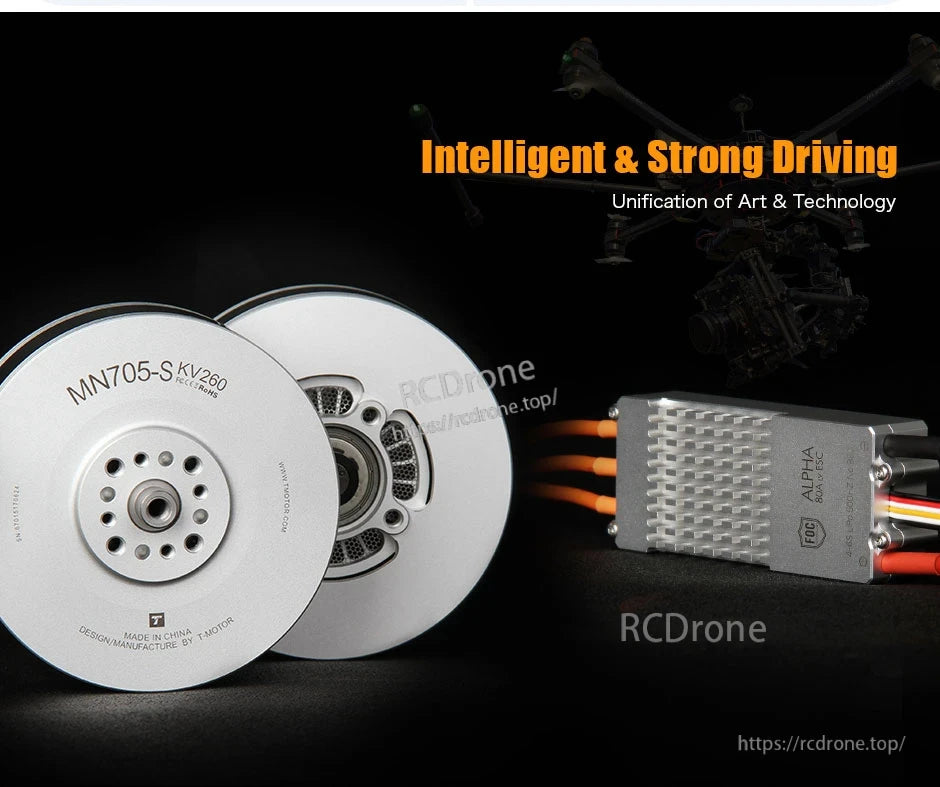 T-Motor MN705-S KV260 brushless motor with ALPHA 80A 12S ESC, close-up of drone propulsion parts