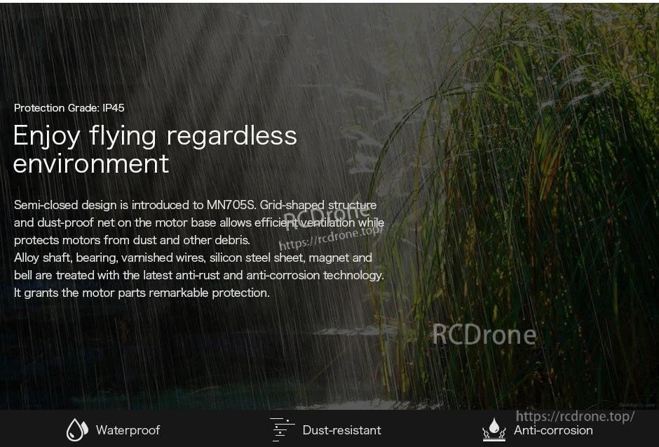 T-Motor MN705S protection graphic listing IP45 rating with waterproof, dust-resistant and anti-corrosion icons