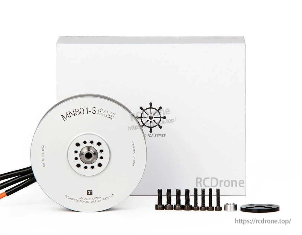 T-Motor MN801-S KV120 brushless motor with mounting screws and adapter hardware beside the box