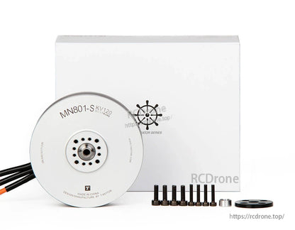 T-Motor MN801-S KV120 brushless motor with mounting screws and adapter hardware beside the box