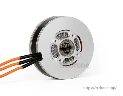Silver T-Motor brushless outrunner motor with orange and black wires and vented end cap