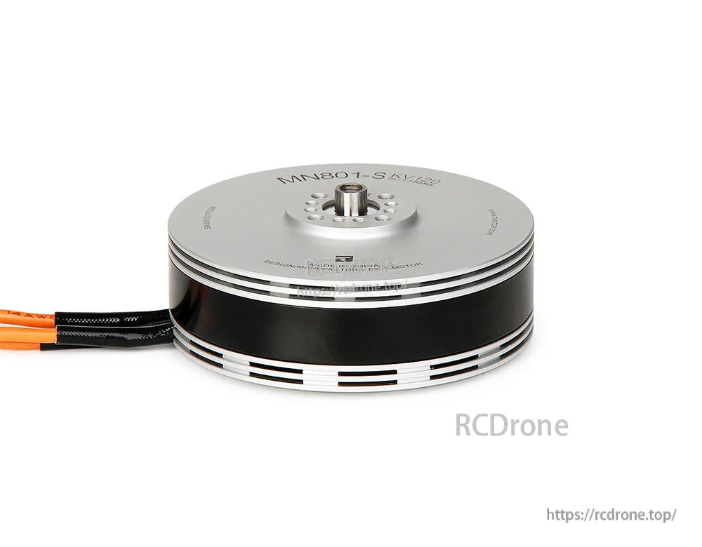 T-Motor MN801-S KV135 brushless drone motor with silver housing, central shaft, and power leads