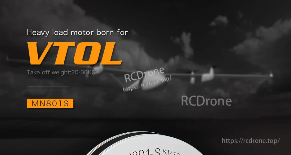 T-Motor MN801S heavy-load VTOL motor banner with takeoff weight range 20–30 kg text