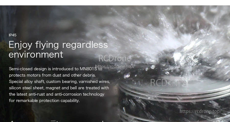 T-Motor MN801S motor IP45 protection banner with water splash and text about dust and corrosion resistance