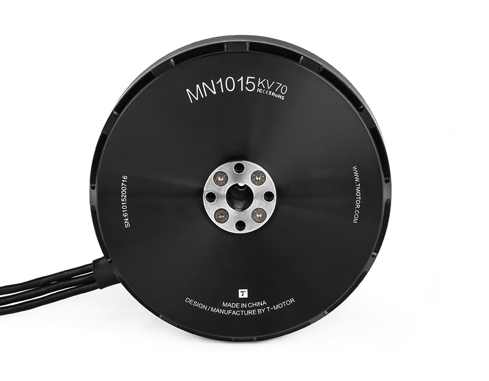 T-Motor MN1015 KV70 brushless outrunner motor with central mounting hub and three-wire lead