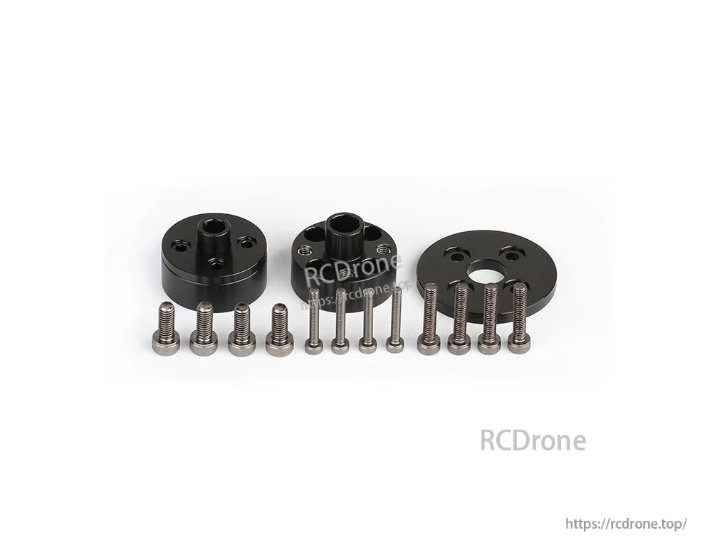 Black T-Motor hardware kit with three round aluminum adapter pieces and assorted mounting screws