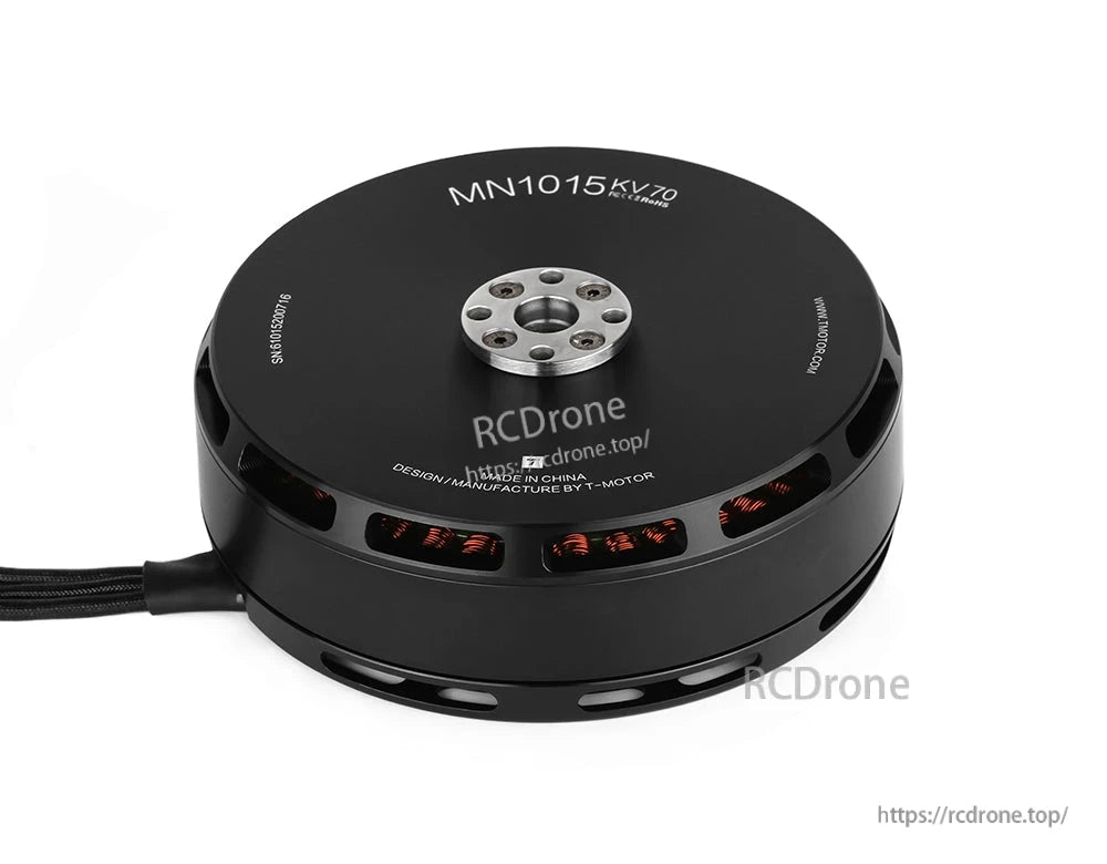 T-Motor MN1015 KV70 brushless outrunner motor with black housing, vented sides, and multi-bolt mounting hub