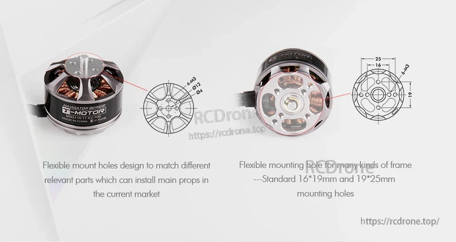 T-Motor Navigator brushless drone motor with mounting hole diagrams for 16×19 mm and 19×25 mm patterns