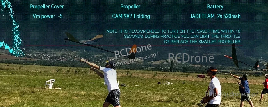 T-Motor, Overlay listing propeller cover VM power-5, CAM 9x7 folding propeller, and JADETEAM 2S 520mAh battery for RC aircraft setup