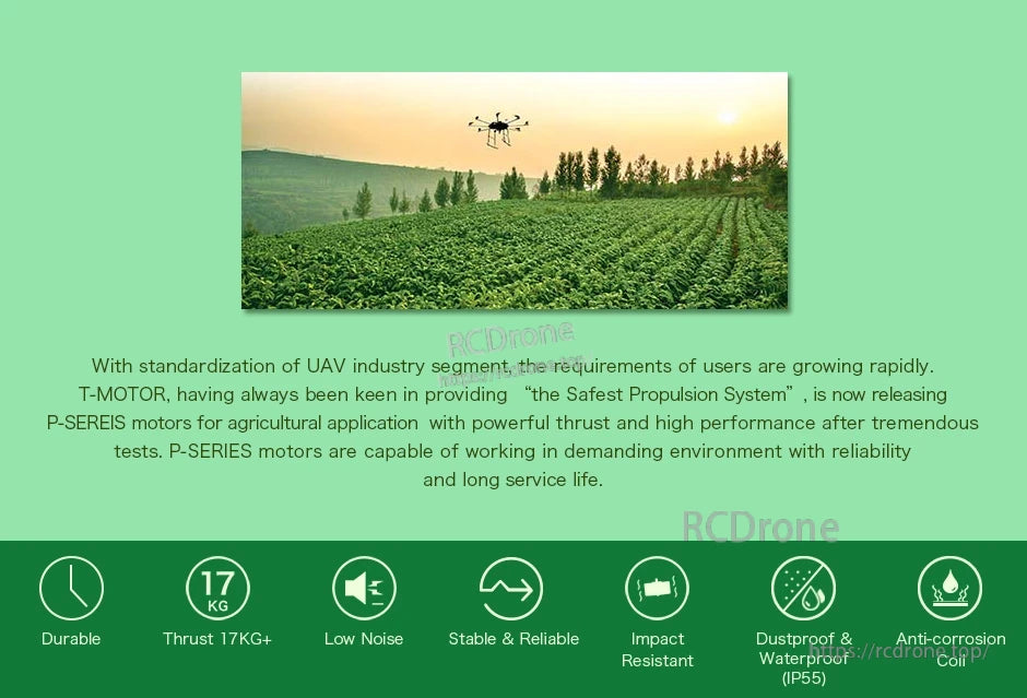 T-Motor P-Series agricultural UAV motor promo with drone over crops and icons for 17KG+ thrust and IP55