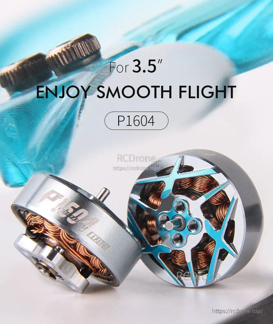 T-Motor P1604 brushless drone motor set for 3.5-inch FPV builds, with blue rotor top and exposed copper windings