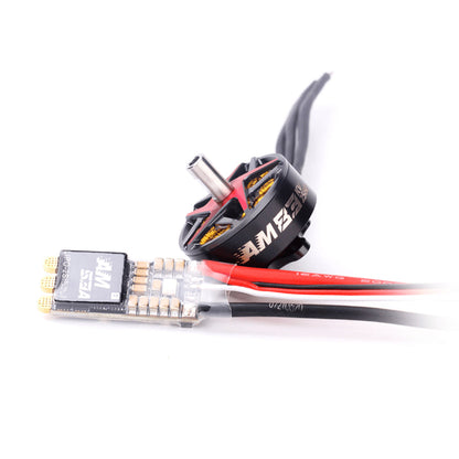 T-Motor brushless drone motor with compact ESC board and red/black power leads on white background