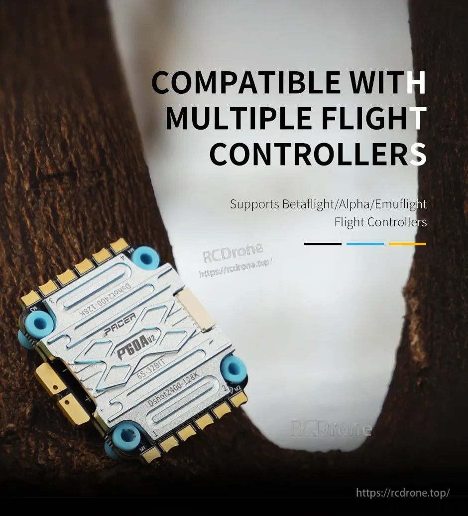 T-Motor P60A V2 4in1 ESC, T-Motor P60A V2 4-in-1 ESC board labeled 6S 32BIT with DShot2400 128KHz and blue grommet mounts