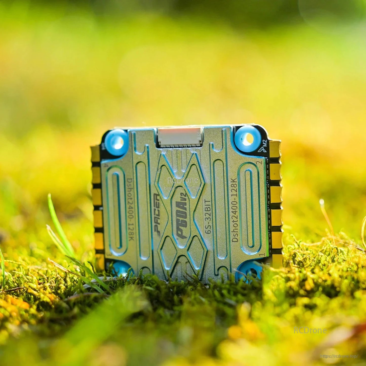 T-Motor P60A V2 4in1 ESC, T-Motor P60A V2 4-in-1 drone ESC with metal heatsink, blue grommets, and DShot2400/6S 32-bit labels