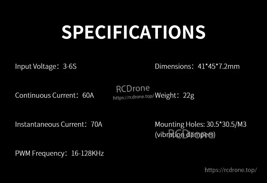 T-Motor P60A V2 4in1 ESC, T-Motor P60A V2 4-in-1 ESC specifications listing 3–6S input, 60A continuous, 70A burst, 30.5x30.5 M3
