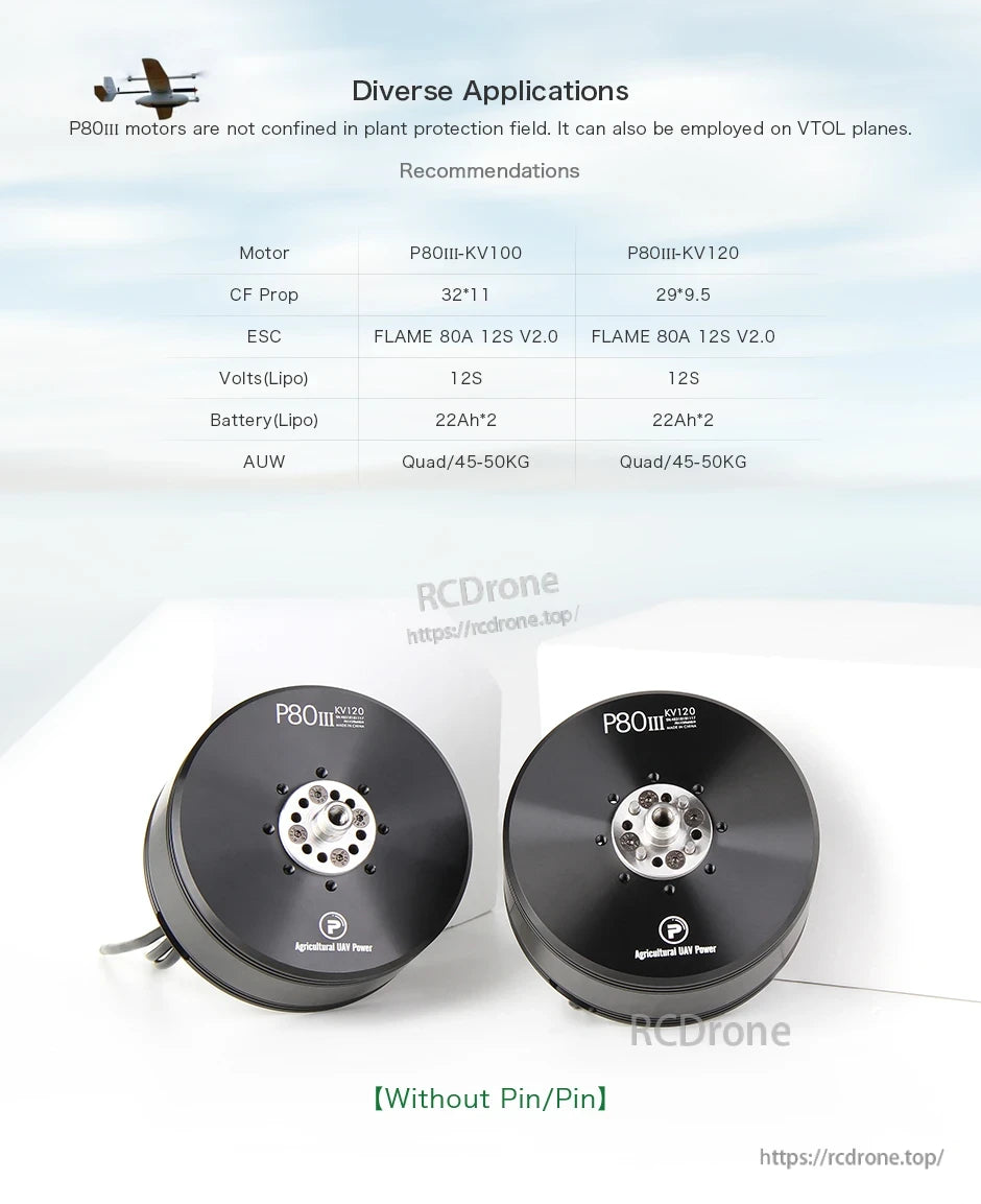 T-Motor P80III KV120 UAV brushless motors with mounting hubs, plus recommendation table for 12S builds
