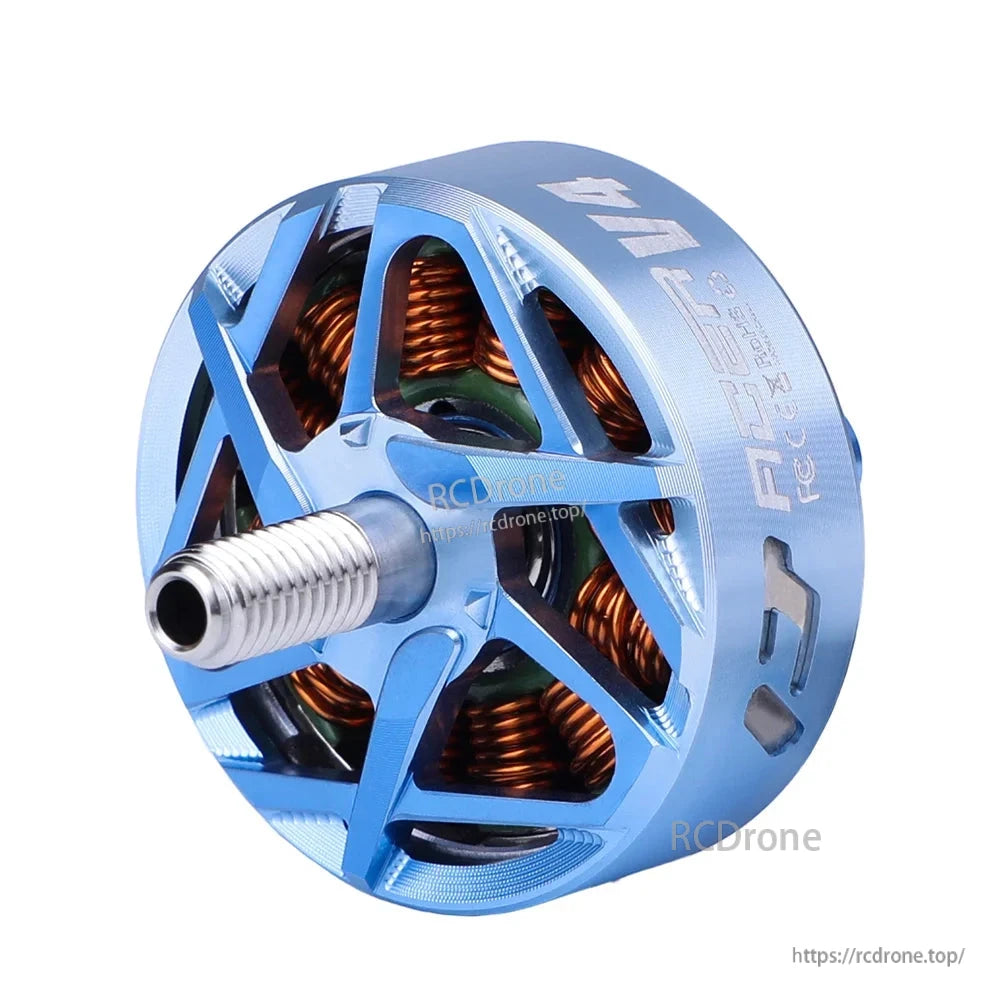 Blue T-Motor style brushless drone motor with exposed copper windings and a threaded output shaft