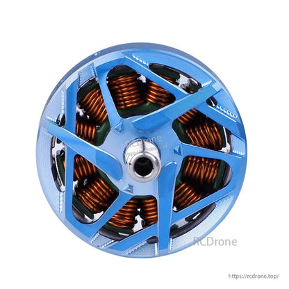 Top view of a T-Motor brushless outrunner motor with blue aluminum bell and exposed copper windings