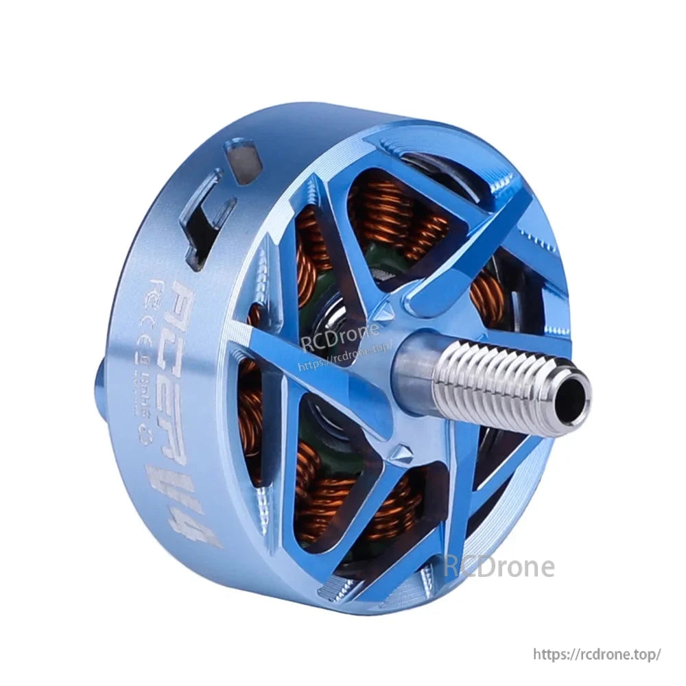 Close-up of a blue T-Motor brushless outrunner motor with visible copper windings and a threaded shaft