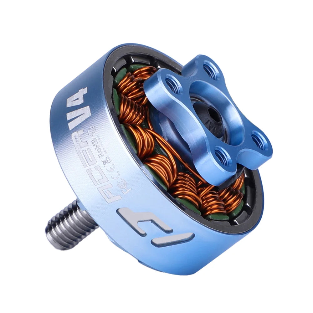 Blue T-Motor brushless drone motor with exposed copper windings, four-hole mounting top plate, and threaded shaft