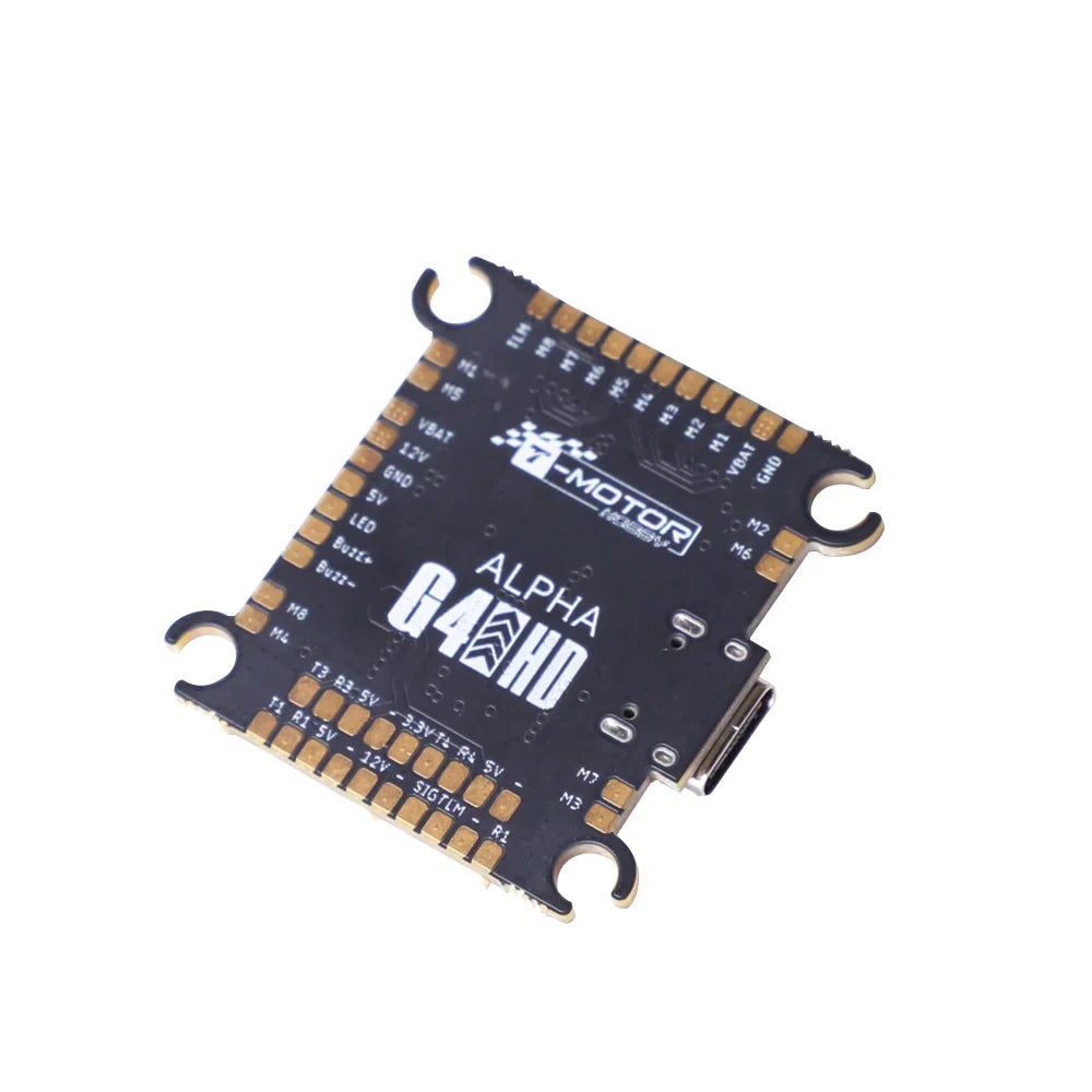 T-Motor Pacer Alpha G4 Flight Controller, T-Motor Pacer Alpha G4 HD flight controller board with USB-C port and labeled solder pads (VBAT, GND, 5V/12V)