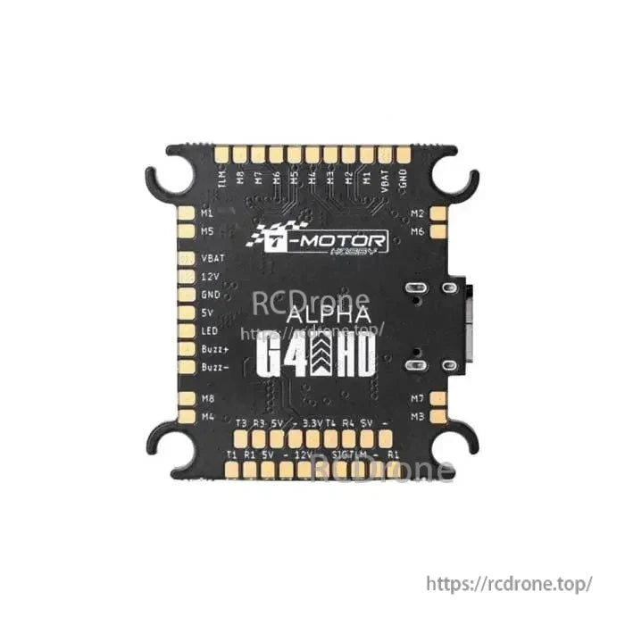 T-Motor Pacer Alpha G4 flight controller board with labeled solder pads for motors, VBAT/12V/5V, LED and buzzer
