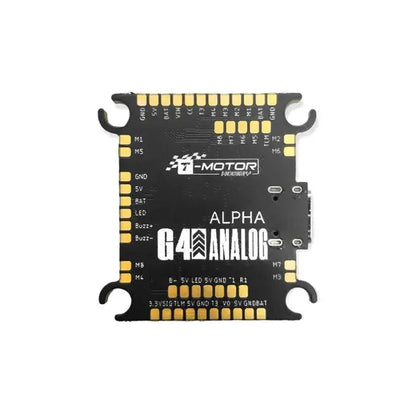 T-Motor Pacer Alpha G4 Flight Controller, T-Motor Pacer Alpha G4 analog flight controller board with labeled solder pads and side USB port