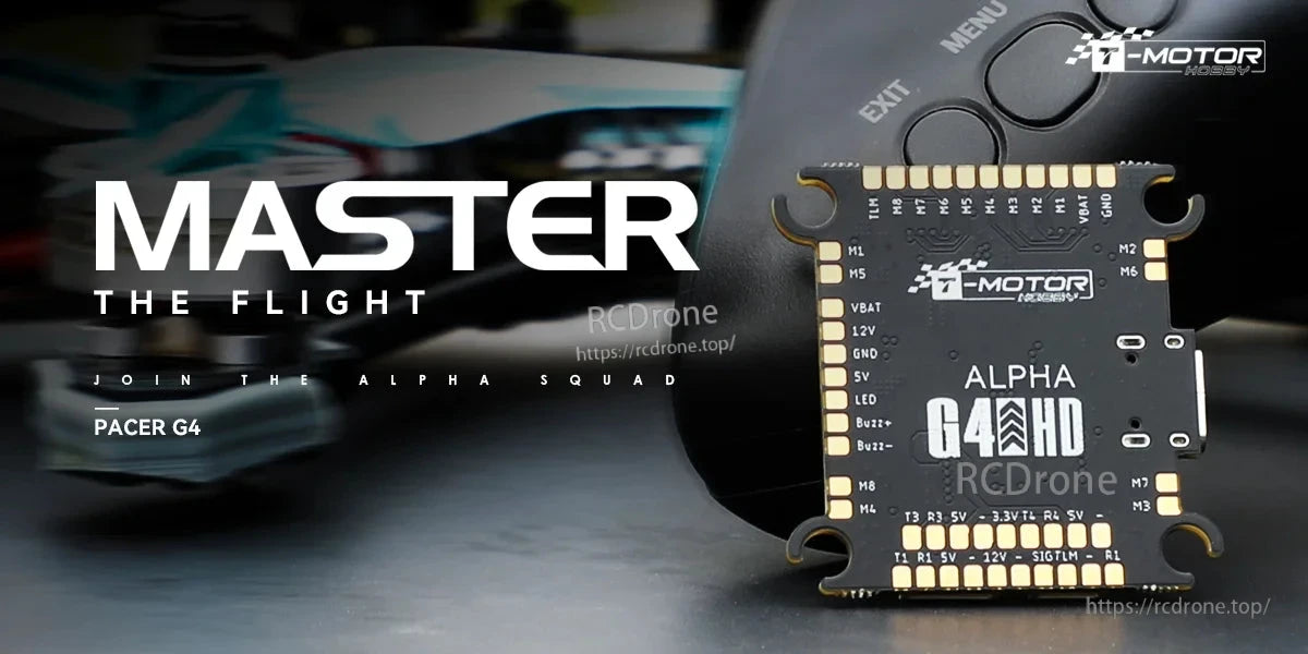 T-Motor Pacer Alpha G4 Flight Controller, T-Motor Pacer Alpha G4 HD flight controller board with labeled solder pads (VBAT, 12V, 5V, GND, LED, buzzer)