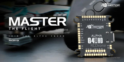 T-Motor Pacer Alpha G4 Flight Controller, T-Motor Pacer Alpha G4 HD flight controller board with labeled solder pads (VBAT, 12V, 5V, GND, LED, buzzer)