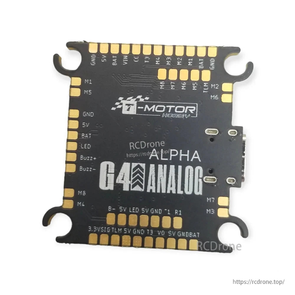T-Motor Pacer Alpha G4 flight controller PCB with ALPHA G4 ANALOG label and solder pads for 5V, BAT and GND