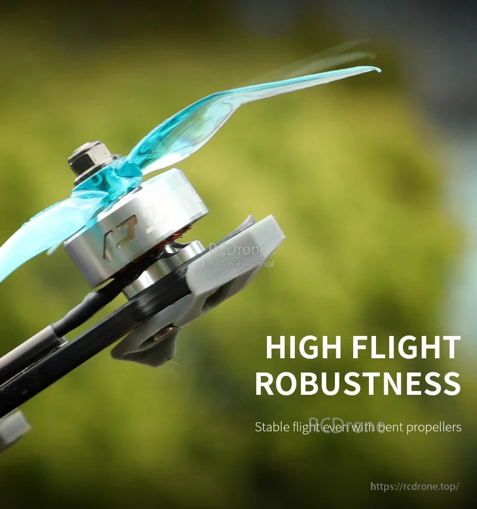 T-Motor Pacer Alpha G4 Flight Controller, Drone motor with blue propeller and “High Flight Robustness” text, noting stable flight even with bent propellers