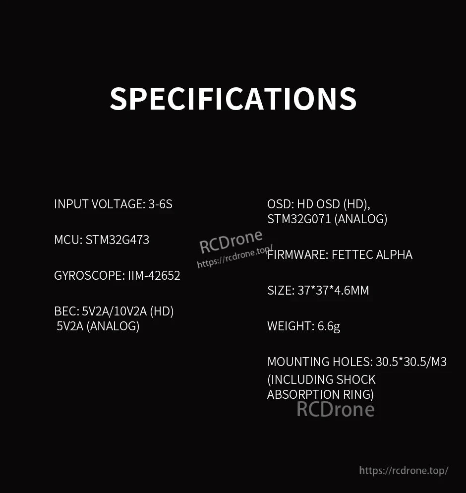T-Motor Pacer Alpha G4 flight controller specifications list with 3–6S input, STM32G473 MCU, IIM-42652 gyro
