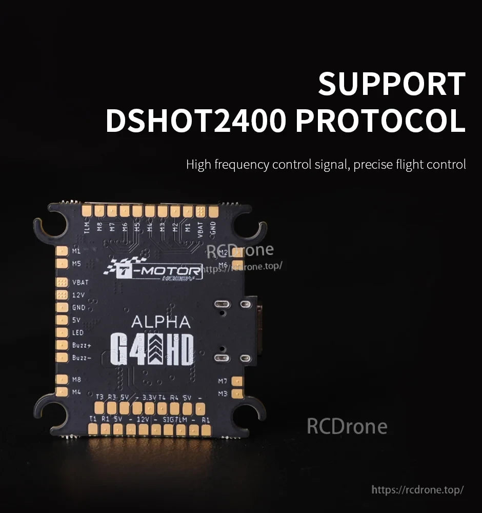T-Motor Pacer Alpha G4 Flight Controller, T-Motor Alpha G4 HD flight controller board with labeled solder pads and DSHOT2400 protocol support text