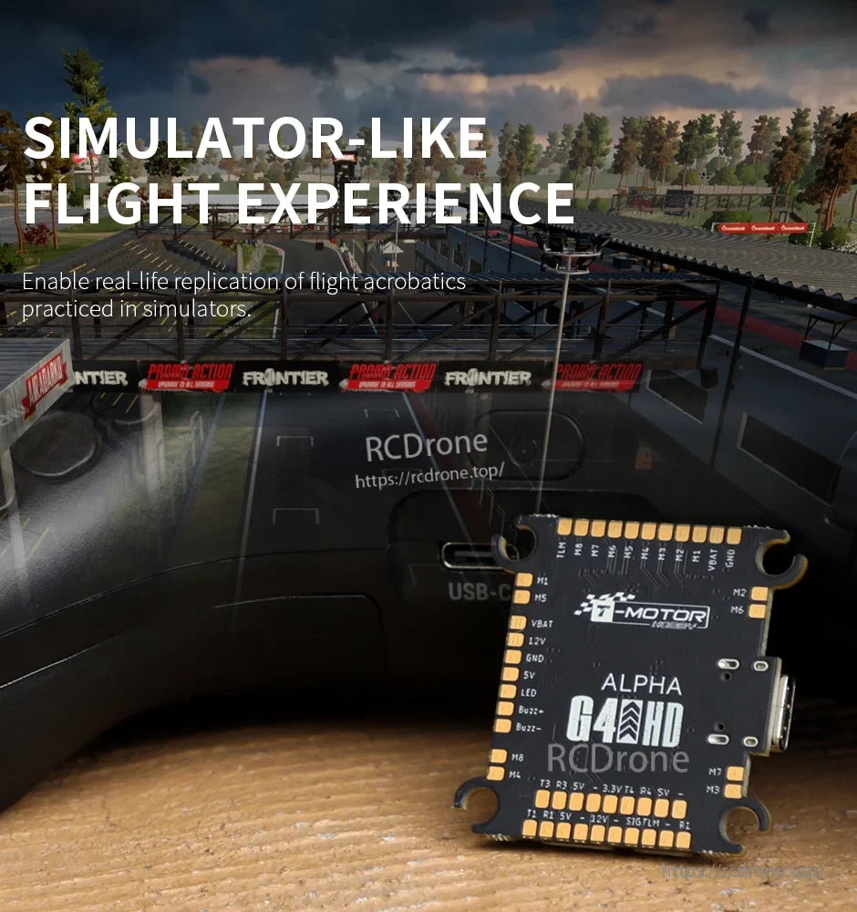 T-Motor Pacer Alpha G4 flight controller board with USB-C port and clearly labeled solder pads