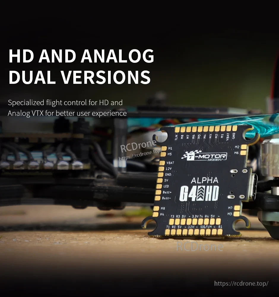 T-Motor Pacer Alpha G4 Flight Controller, T-Motor Alpha G4 HD flight controller board with labeled solder pads, mounted on an FPV drone frame