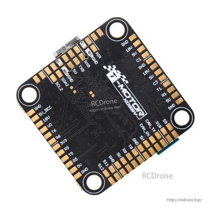 T-Motor Pacer H7 flight controller board with four mounting holes and labeled solder pads for power, UART, I2C and CAN