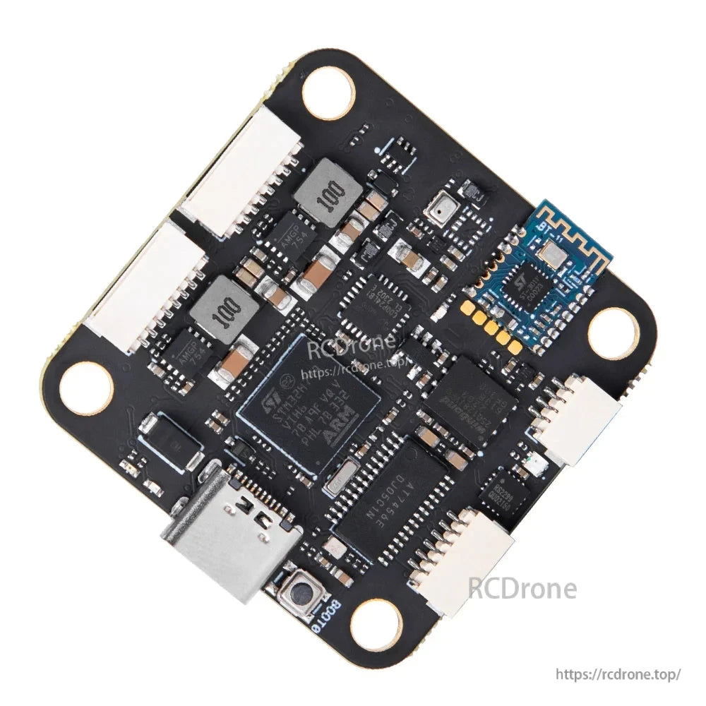 T-Motor Pacer H7 flight controller board with USB-C port, multiple plug-in connectors, and 4 mounting holes