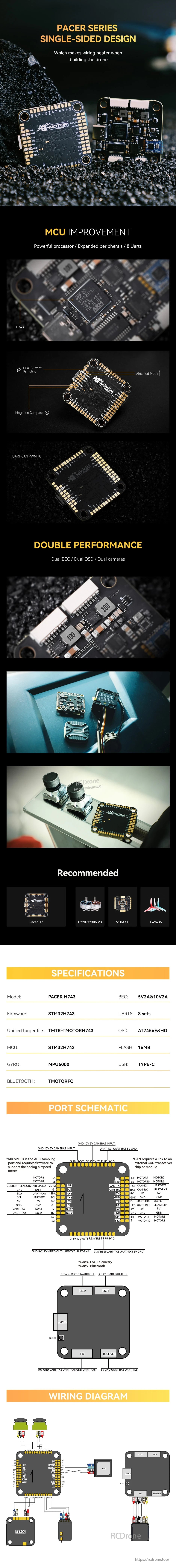 T-Motor Pacer H7 flight controller board with single-sided component layout, USB Type-C port, and wiring/port diagrams