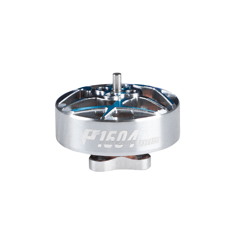 T-Motor P1604 brushless drone motor with silver bell housing, blue spokes, and center shaft