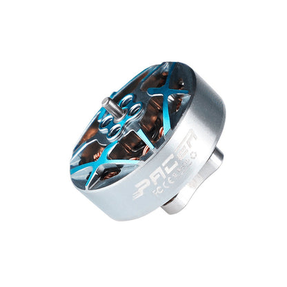 Close-up of a T-Motor brushless drone motor with blue aluminum top plate and silver housing
