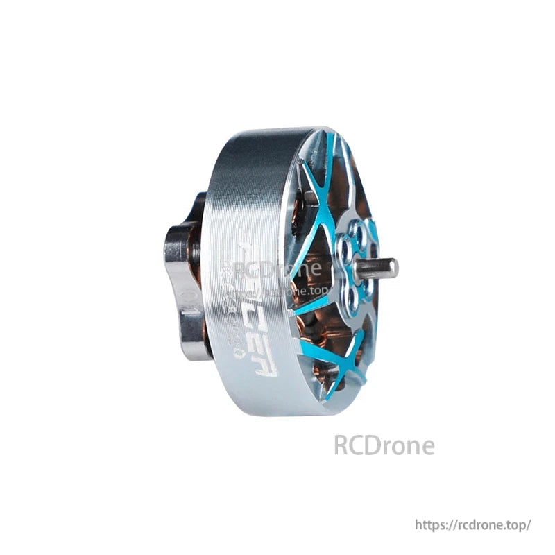T-Motor brushless outrunner drone motor with silver housing, blue spoke bell, and protruding prop shaft