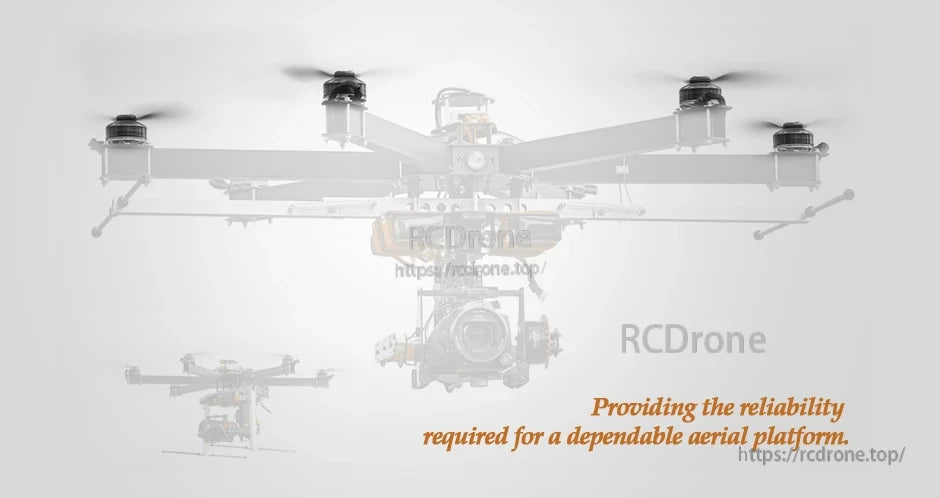 T-Motor, Professional multirotor drone with gimbal-mounted camera and text about reliability for a dependable aerial platform