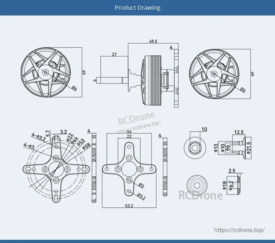 Technical dimension drawing with front and side views, mount hole pattern, and hub measurements for a T-Motor unit