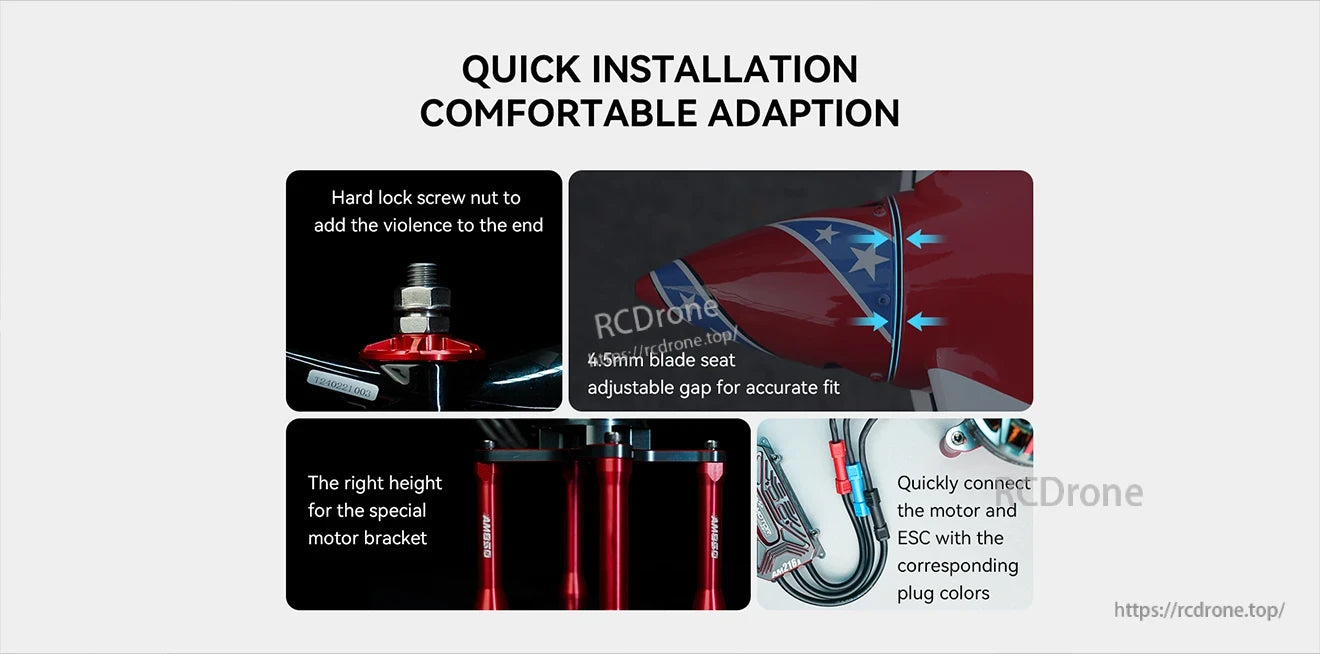 T-Motor quick-install infographic showing lock nut, 4.5mm adjustable prop blade seat, bracket height, and color-coded ESC plugs