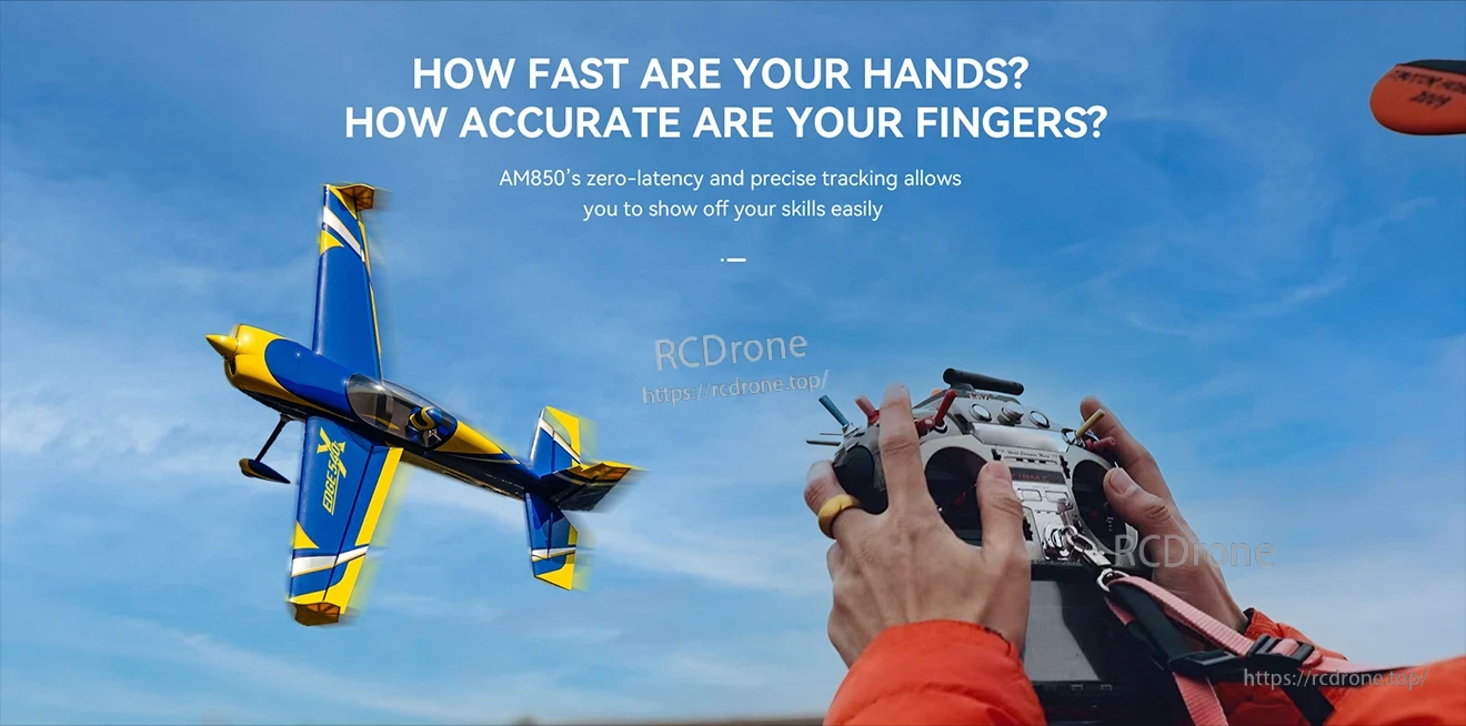 T-Motor, RC aerobatic airplane flying while a pilot holds a radio transmitter; text mentions AM850 zero-latency precise tracking