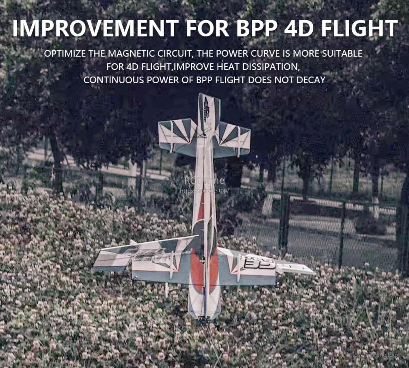 T-Motor, RC aerobatic plane hovering vertically over a grassy field with text about improvement for BPP 4D flight