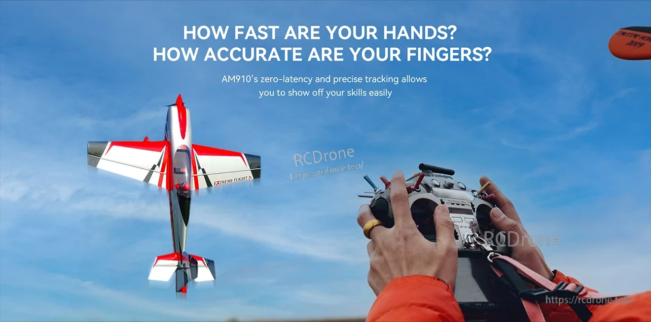 T-Motor, RC pilot holding a radio transmitter while a red-and-white aerobatic airplane flies against a blue sky