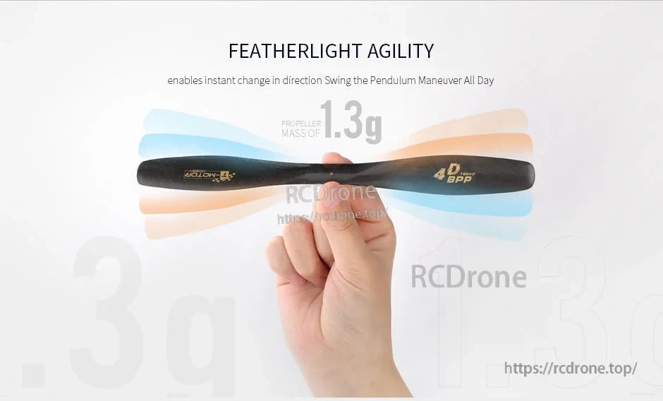 T-Motor T-Hobby BPP T8040 4D carbon propeller blade in hand, labeled 4D BPP, 1.3g mass text