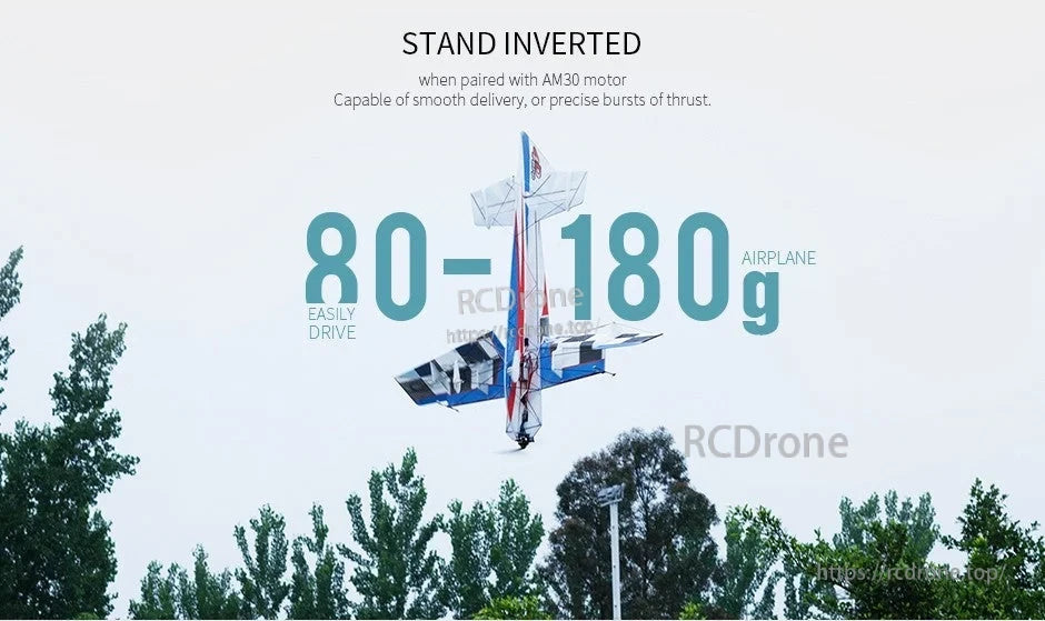 T-Motor T-Hobby BPP T8040 4D Carbon Propeller, RC airplane flying inverted with “80–180g airplane” text and “stand inverted” headline on a sky background