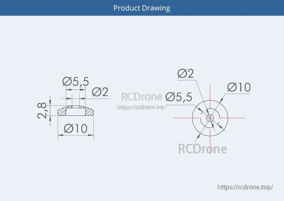 T-Motor T10*3.1 (10 x 3.1) Carbon Fiber Propeller, Technical drawing of T-Motor T10x3.1 propeller hub with Ø10 mm base, Ø5.5 mm boss, and Ø2 mm center hole